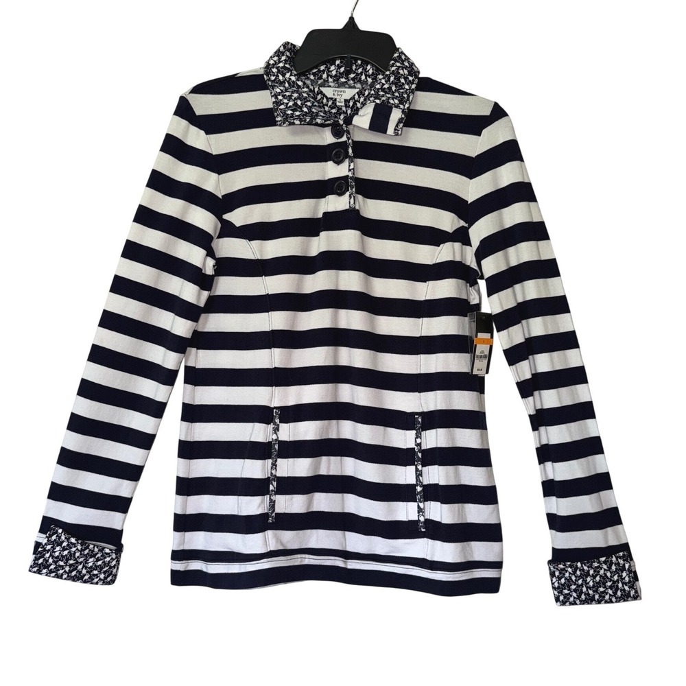 Crown & Ivy Navy White Striped  Print Pullover flamingo Top Small NWT
